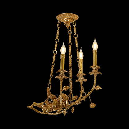 Full studio shot of the French Rococo putti and oak leaf solid brass chandelier glowing against a stark black background.