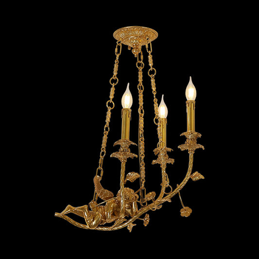 Full studio shot of the French Rococo putti and oak leaf solid brass chandelier glowing against a stark black background.