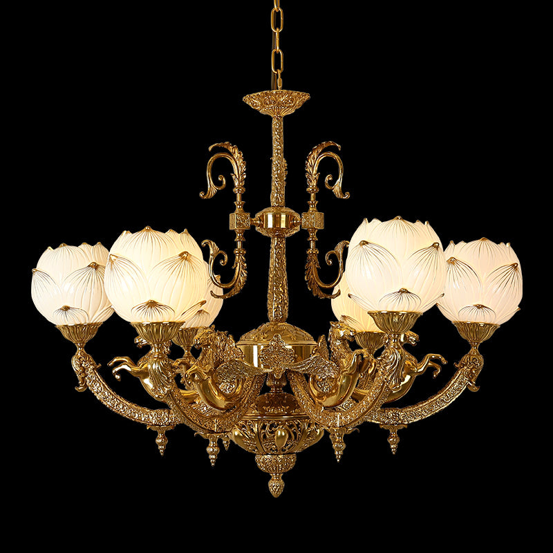 Full studio shot of the French Belle Époque mythical winged horse and lotus brass chandelier glowing against a stark black background.