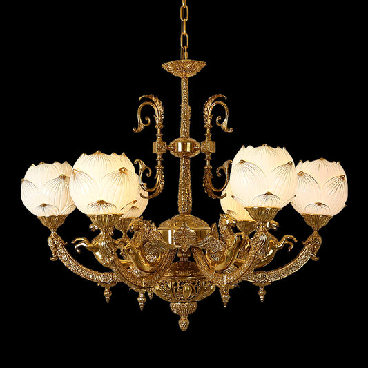 Full studio shot of the French Belle Époque mythical winged horse and lotus brass chandelier glowing against a stark black background.
