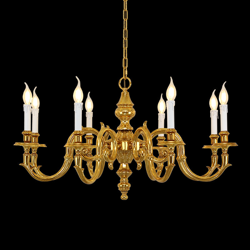 Full studio shot of the French Neoclassical Pegasus relief solid brass chandelier glowing against a stark black background.