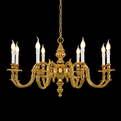 Full studio shot of the French Neoclassical Pegasus relief solid brass chandelier glowing against a stark black background.