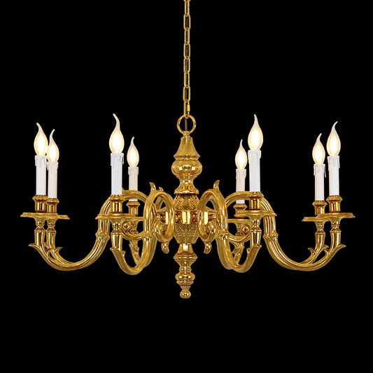 Full studio shot of the French Neoclassical Pegasus relief solid brass chandelier glowing against a stark black background.