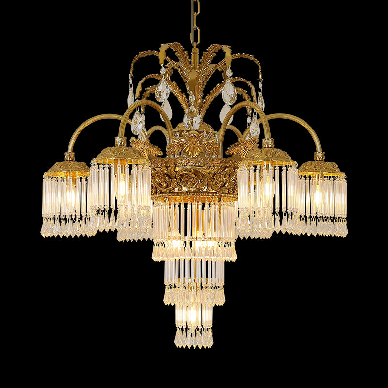 Apollo’s Laureate Crown brass and crystal chandelier, crown-shaped on black background.