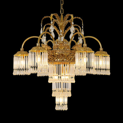 Apollo’s Laureate Crown brass and crystal chandelier, crown-shaped on black background.