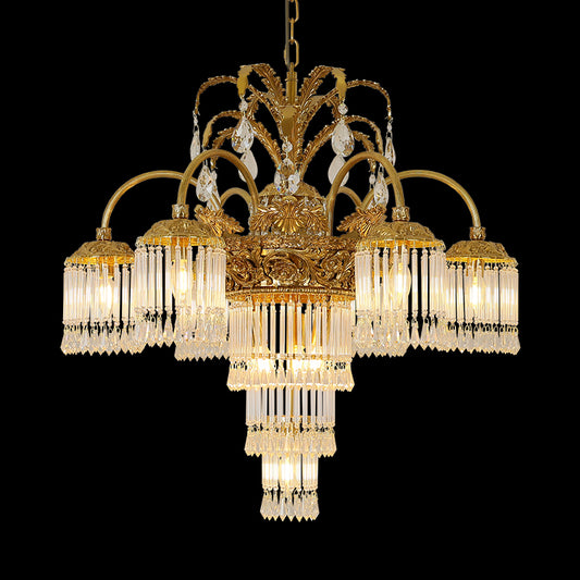 Apollo’s Laureate Crown brass and crystal chandelier, crown-shaped on black background.