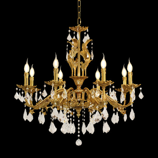 Full studio shot of the French Baroque swan and shell motif K9 crystal brass chandelier glowing against a stark black background.