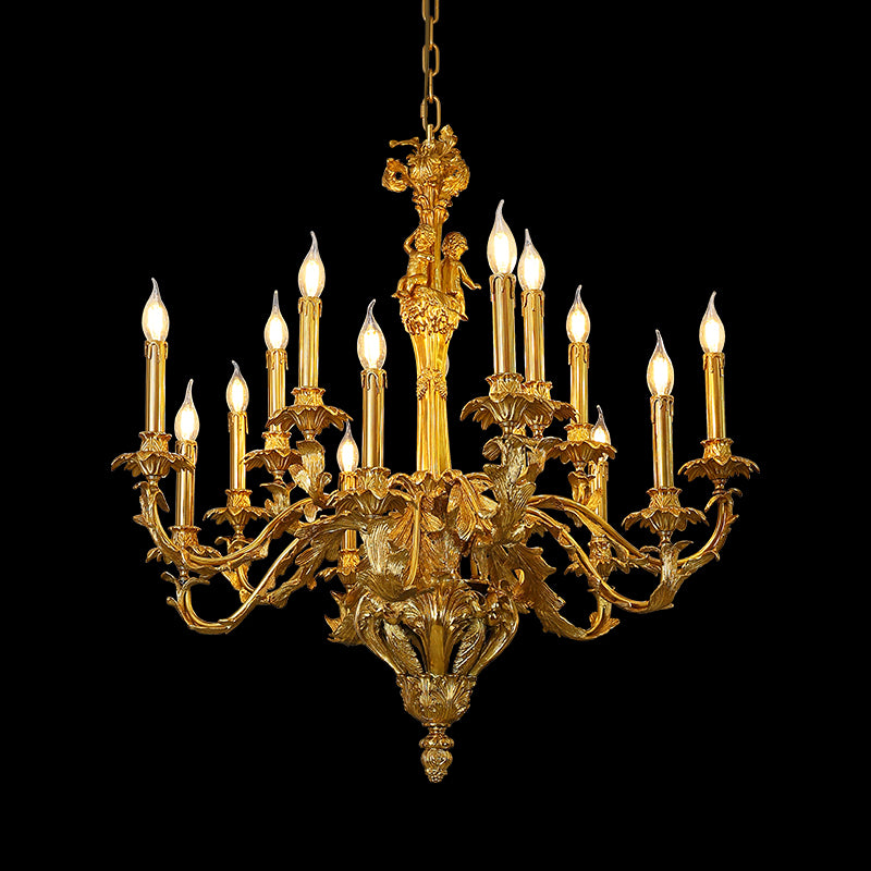 Baroque style brass chandelier with carved figures and candle bulbs on black background.