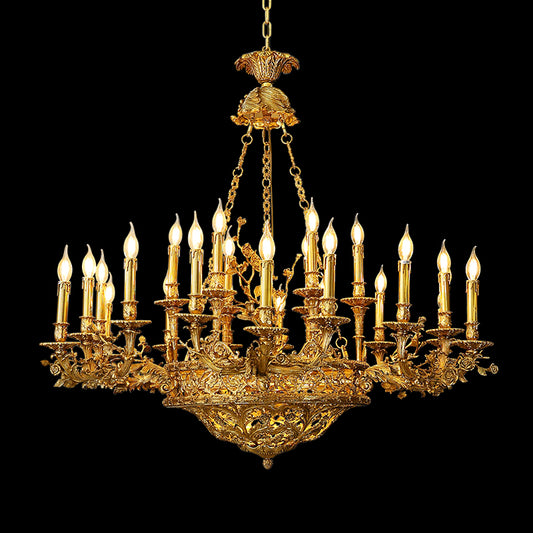 Full studio shot of the French Victorian exquisite solid brass leaf and rose chandelier glowing against a stark black background.