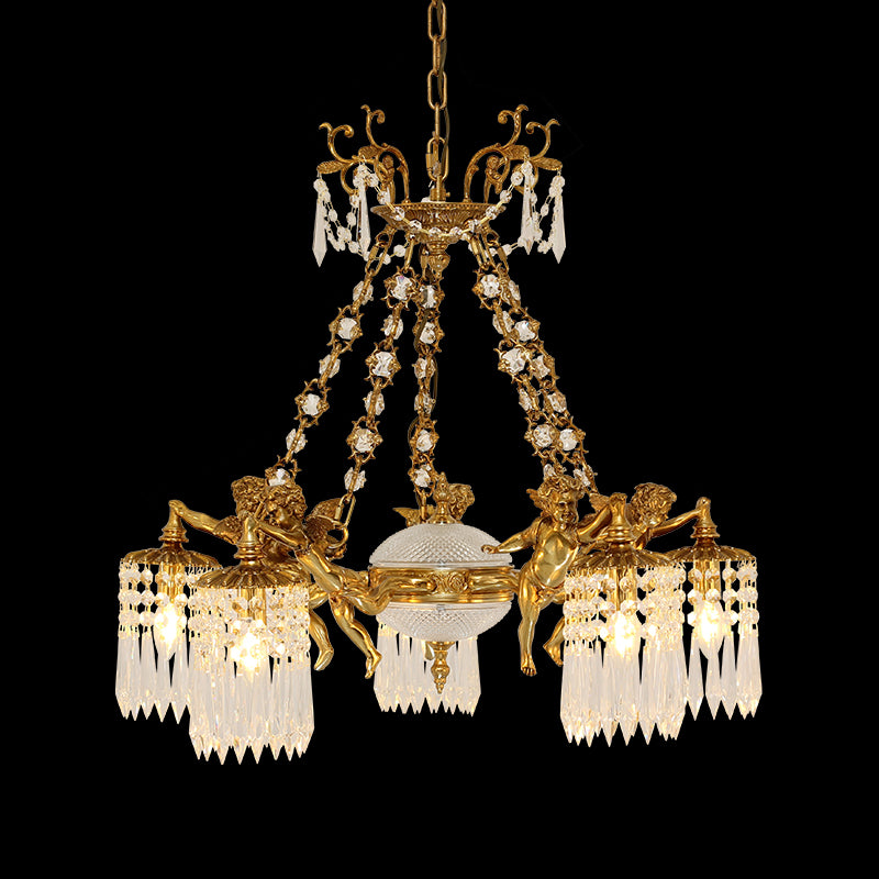 European classical brass chandelier featuring multiple angel figurines and crystal decorations.