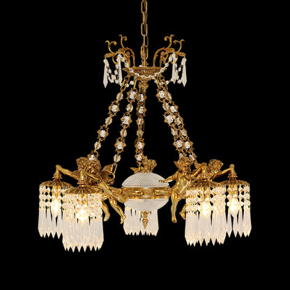 European classical brass chandelier featuring multiple angel figurines and crystal decorations.