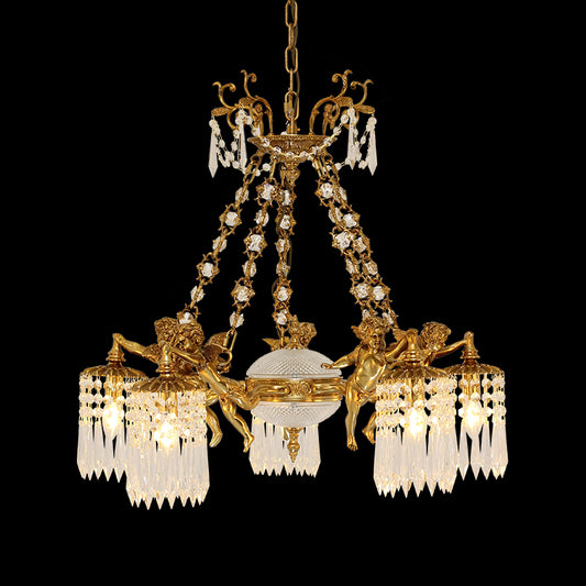European classical brass chandelier featuring multiple angel figurines and crystal decorations.