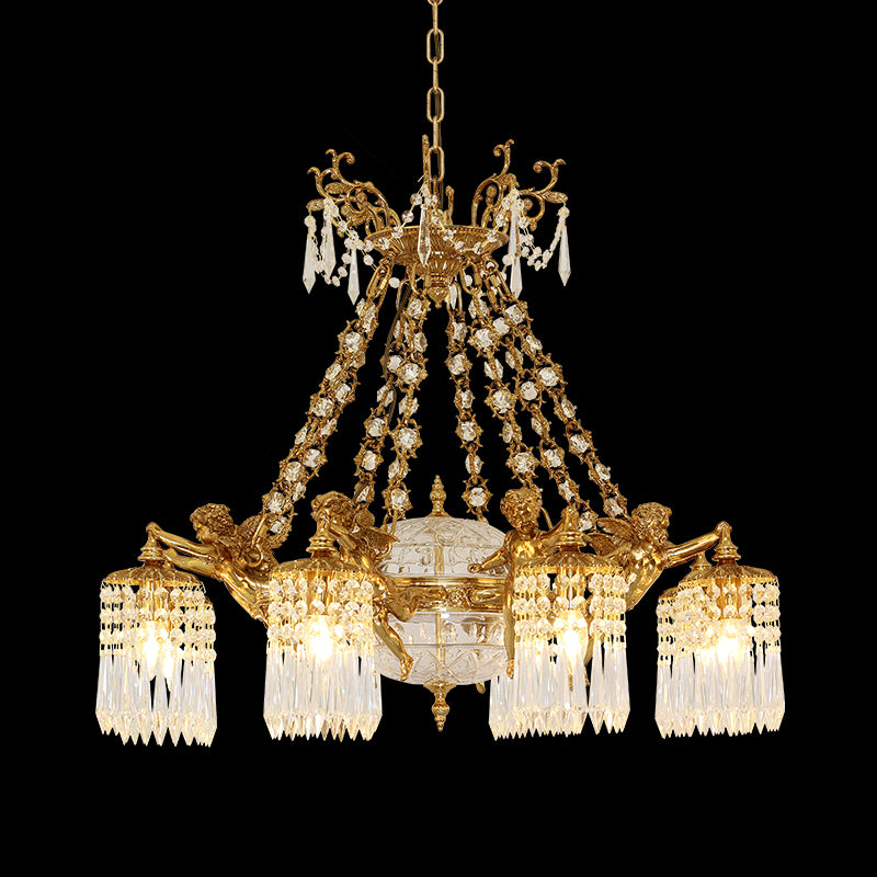 Céleste Chérubins golden brass chandelier with crystal fringes on black background, full front view.