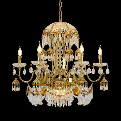 Full studio shot of the French Baroque Opulence crystal and brass chandelier glowing against a stark black background.