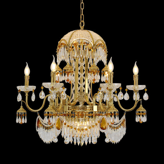 Full studio shot of the French Baroque Opulence crystal and brass chandelier glowing against a stark black background.