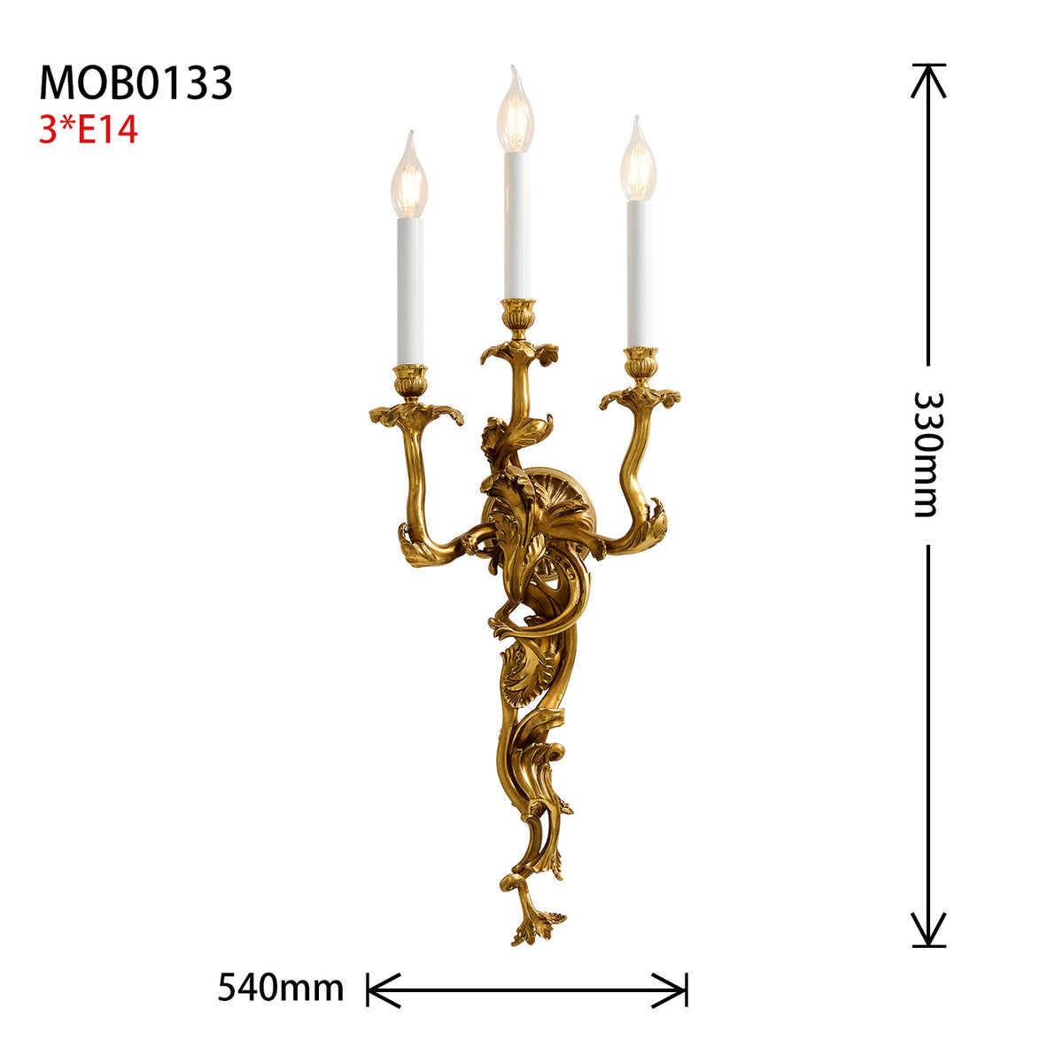 Dimension diagram of The Chloris Rococo gold brass 3-light wall sconce showing 540mm width and 330mm height by Jewellery Top.