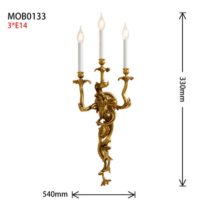 Dimension diagram of The Chloris Rococo gold brass 3-light wall sconce showing 540mm width and 330mm height by Jewellery Top.