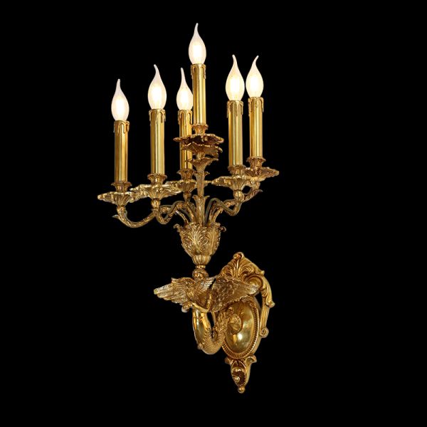 Front view of the Mythical Guardians brass wall sconce featuring a golden Pegasus sculpture and five candle lights on black.