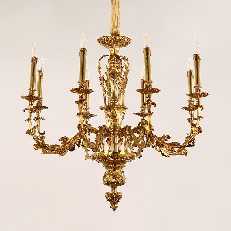 Formal dining room setting featuring the luxurious brass and crystal decorative chandelier.