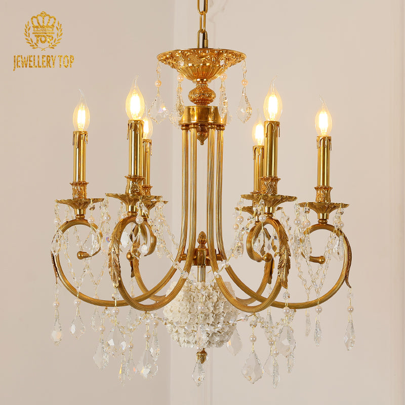 Angled perspective highlighting the symmetrical arrangement of five lights and the elaborate scrolling frame.