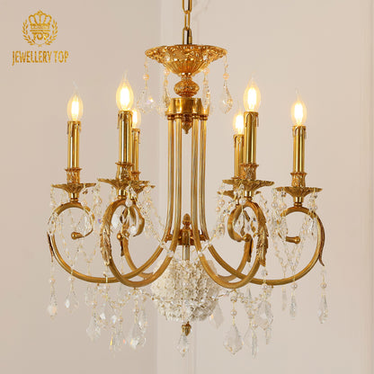 Angled perspective highlighting the symmetrical arrangement of five lights and the elaborate scrolling frame.