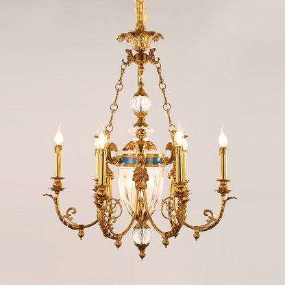 Extreme detail shot of the ribbed glass diffuser and the ornate candle-style sockets.