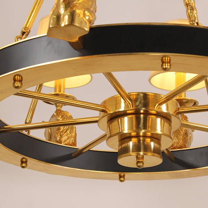 Macro close-up of the finely detailed golden horse head motifs and the textured linen lampshades.