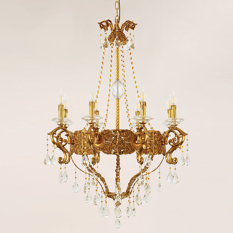 Extreme detail shot focusing on the candle-shaped filament bulbs and the decorative brass canopy at the top.