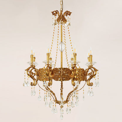Extreme detail shot focusing on the candle-shaped filament bulbs and the decorative brass canopy at the top.