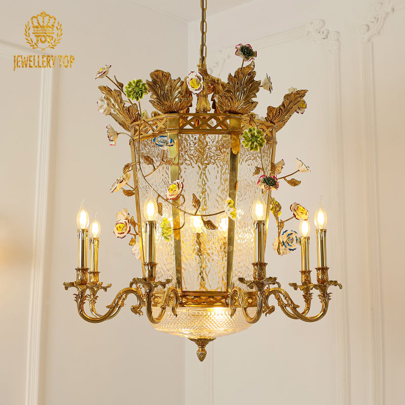 JEWELLERY TOP brand's vintage lantern chandelier showcasing colorful hand-painted enamel roses and intricate brass leaves.