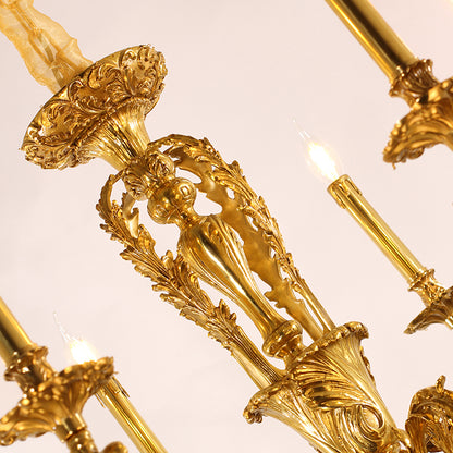 Detailed side perspective of the chandelier’s sculpted brass arms and glowing candle lights.