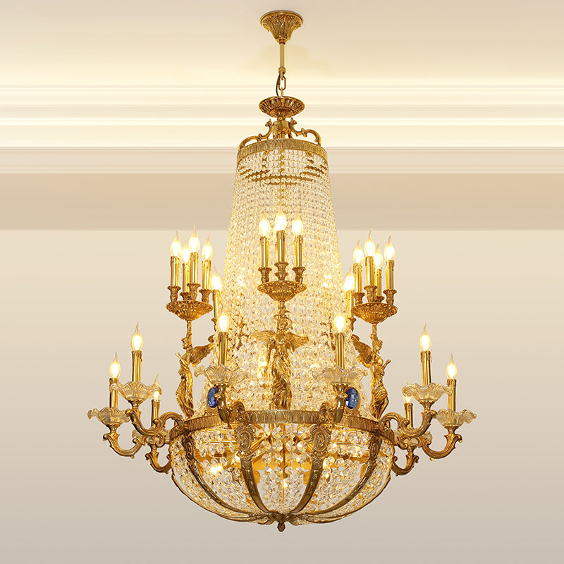 A French luxury castle chandelier installed in a room with a coffered ceiling and heavy drapes.