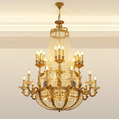 A French luxury castle chandelier installed in a room with a coffered ceiling and heavy drapes.