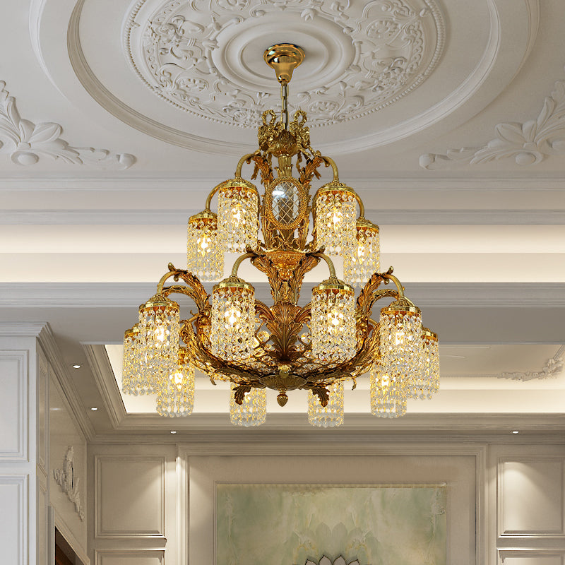 Angled perspective showcasing the multiple curved arms and the elegant cylindrical crystal shades.