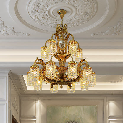 Angled perspective showcasing the multiple curved arms and the elegant cylindrical crystal shades.