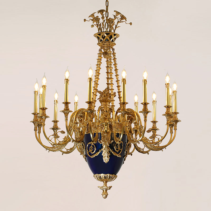 Side view of the French baroque brass chandelier showing its chains and full structure.