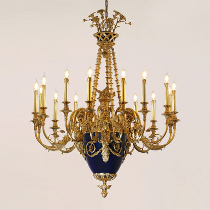 Side view of the French baroque brass chandelier showing its chains and full structure.