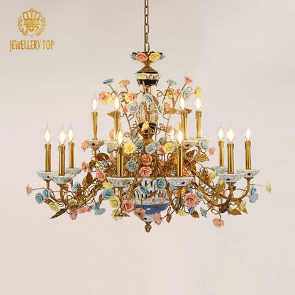 JEWELLERY TOP brand's designer chandelier showcasing hand-painted porcelain roses and intricate golden vinework.