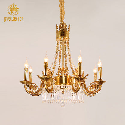 The designer chandelier installed in a high-ceilinged room with elaborate white crown molding and classical wall art.