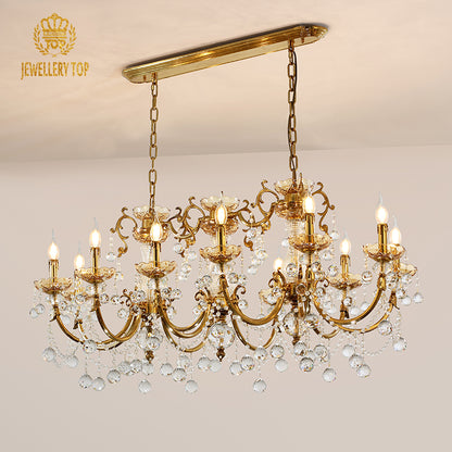 JEWELLERY TOP brand's crystal pendant light featuring intricate golden foliage and cascading multi-tiered crystal strands.