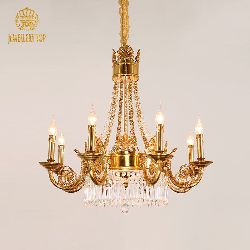 Angled perspective highlighting the symmetrical arrangement of eight candle-style lights and the central decorative finial.