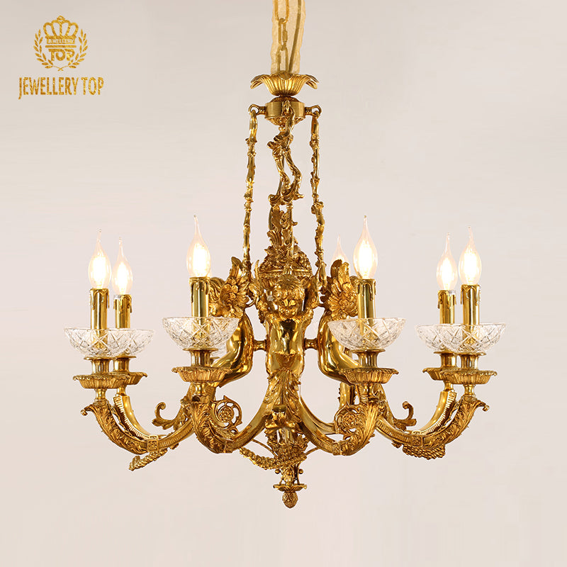 A luxury brass chandelier installed in a room with crown molding and heavy drapes, showcasing its elegant form.