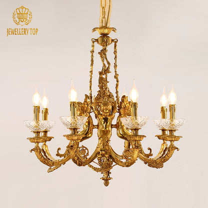 A luxury brass chandelier installed in a room with crown molding and heavy drapes, showcasing its elegant form.