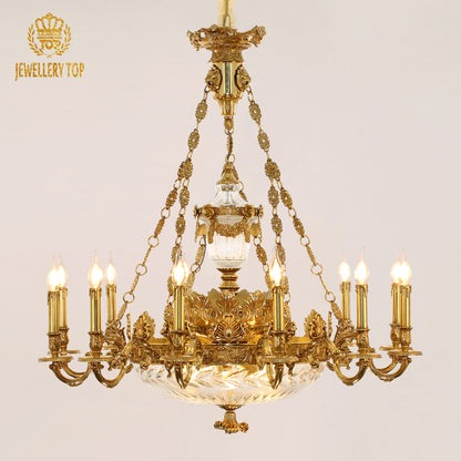 JEWELLERY TOP brand's bronze chandelier with glass lampshade featuring detailed golden Putti sculptures.