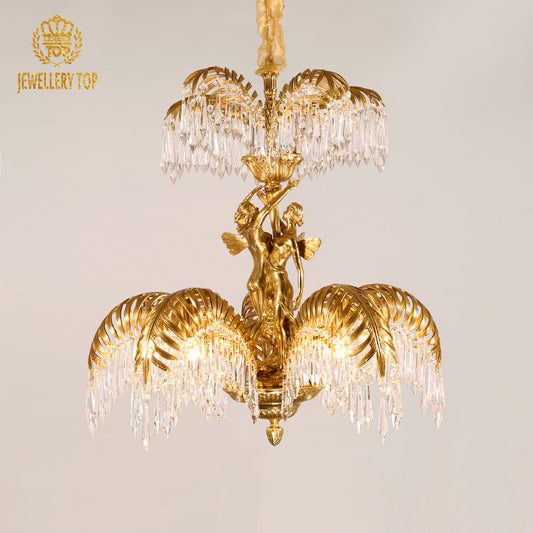 Front view of a French brass chandelier with angel, crystal cascades, and JEWELLERY TOP branding.