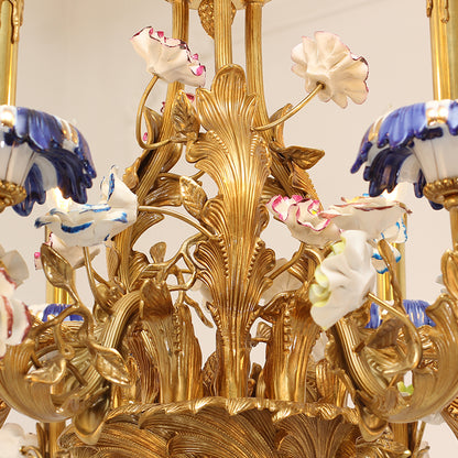 Macro detail of intricate brass scrollwork holding assorted hand-painted porcelain flower shades.