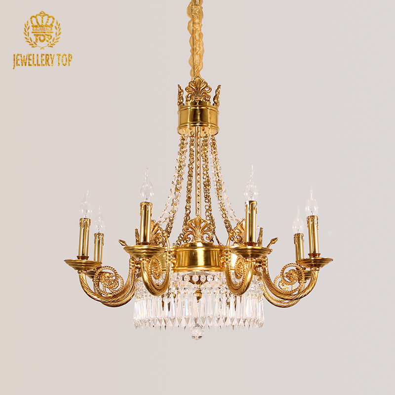 JEWELLERY TOP brand's luxury decorative chandelier showcasing ornate golden arms and cascading crystal strands.