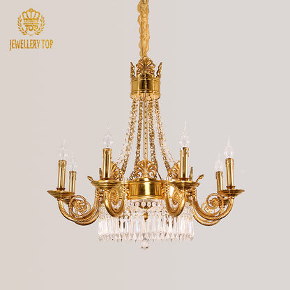 JEWELLERY TOP brand's luxury decorative chandelier showcasing ornate golden arms and cascading crystal strands.