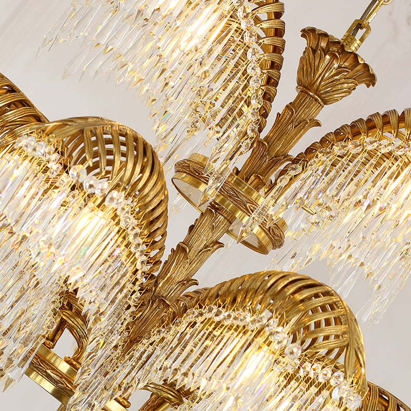 Angled perspective showcasing the symmetrical arrangement of the lights and the waterfall of hanging crystal strands.
