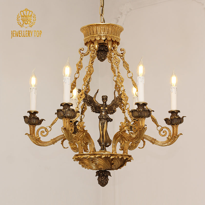 Front view of JEWELLERY TOP's luxury brass chandelier with detailed winged angel sculpture.